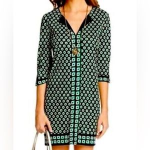 Diane Von Furstenberg Silk Jersey Shirt Dress Green Black Print Button Up Size 2